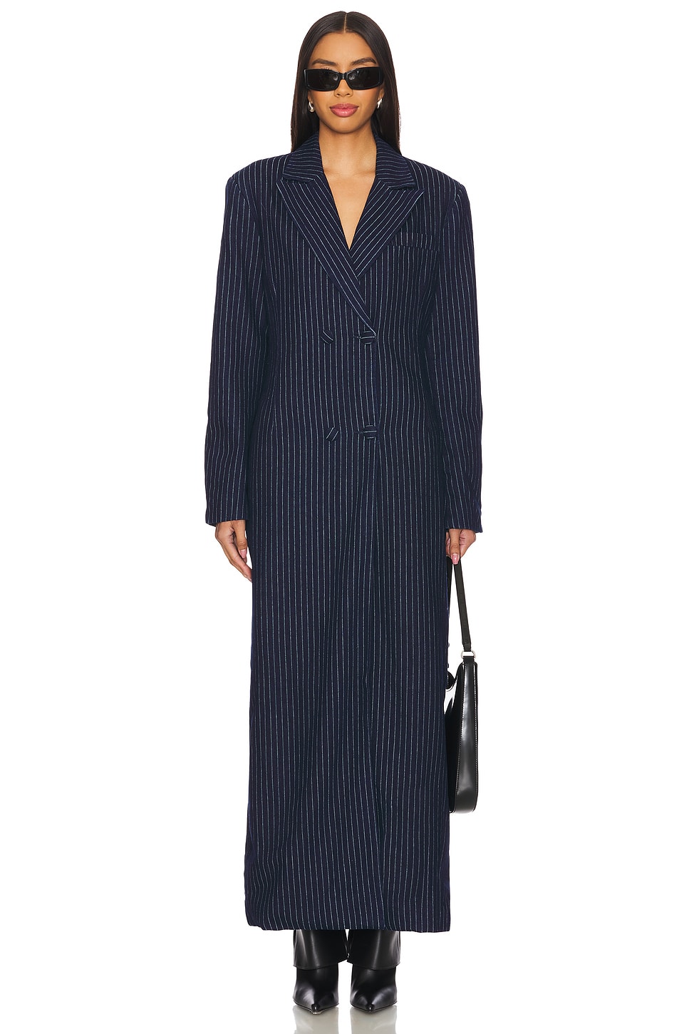 AFRM Quinn Fitted Maxi Blazer Coat in Tex Denim Jacquard Pinstripe