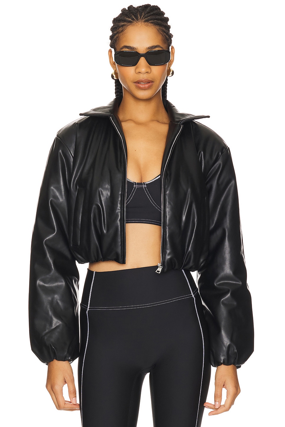 alo Faux Leather Cropped Premier Bomber Jacket