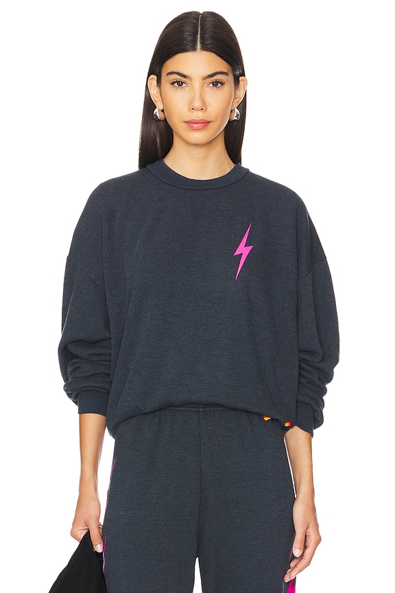 Aviator Nation Bolt 2 Relaxed Crewneck Sweatshirt in Charcoal/neon Pink`