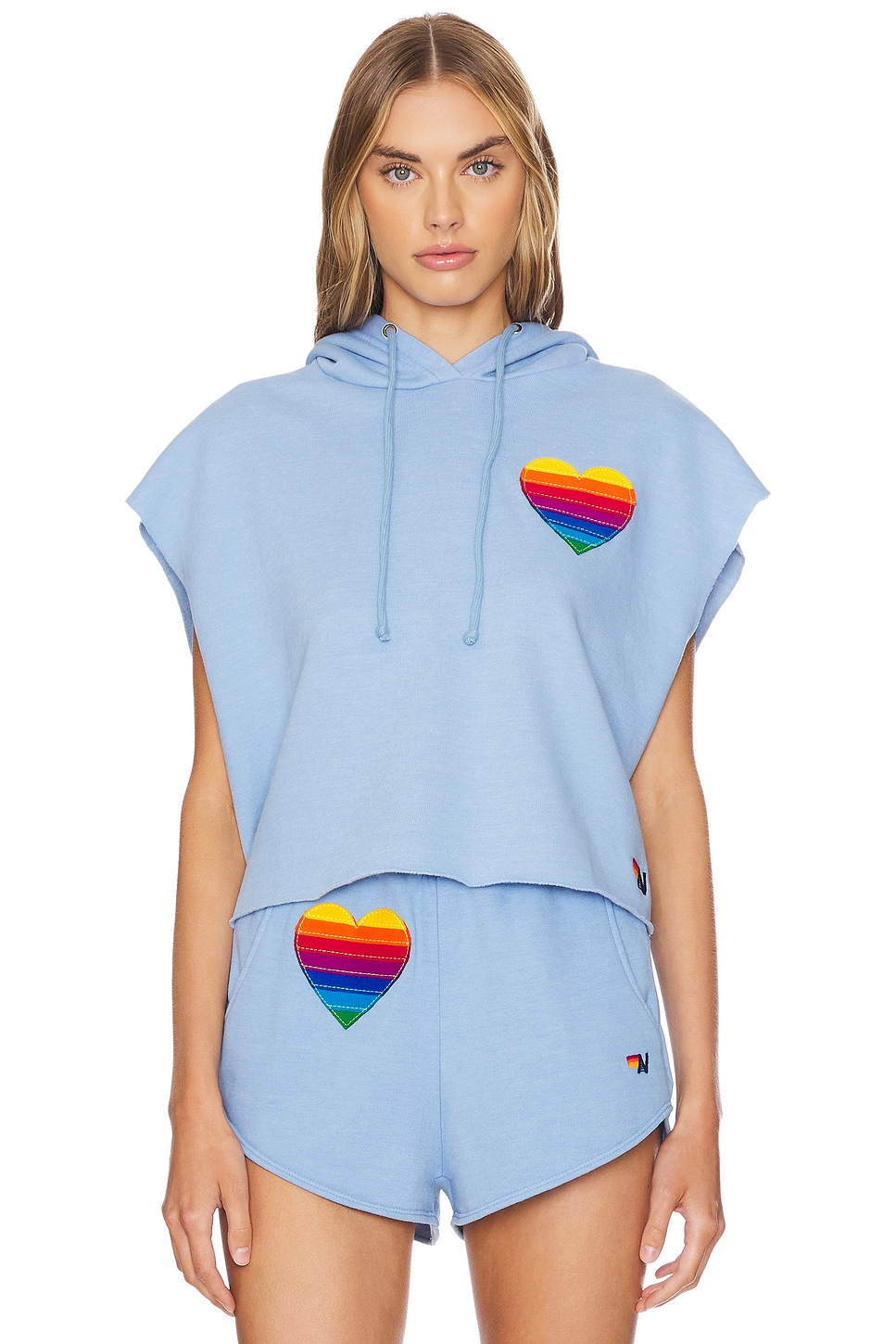 Aviator Nation Rainbow Heart Stitch Sleeveless Cropped Hoodie