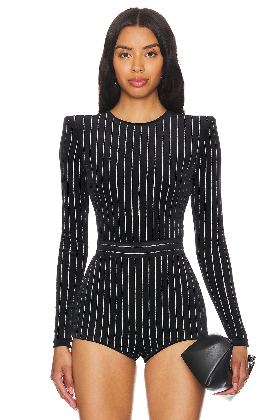 Alex Perry Crystal Velvet Long Sleeve Bodysuit