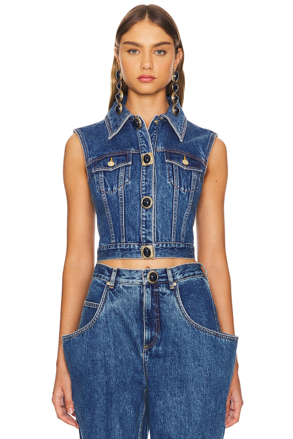 AREA Gemstone Button Denim Gilet