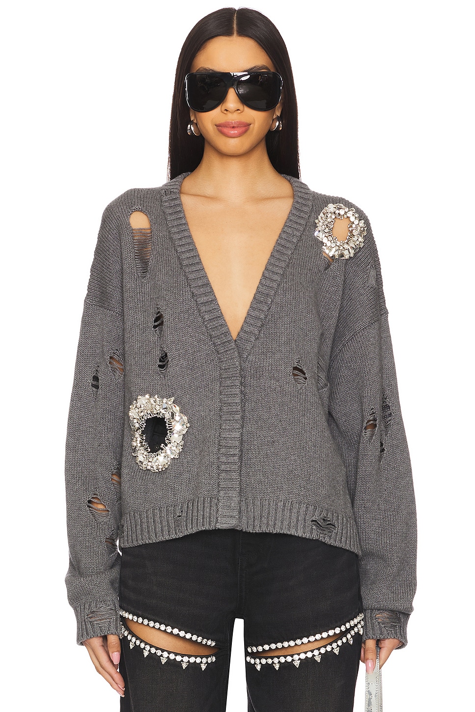 AREA Distressed Crystal Cardigan