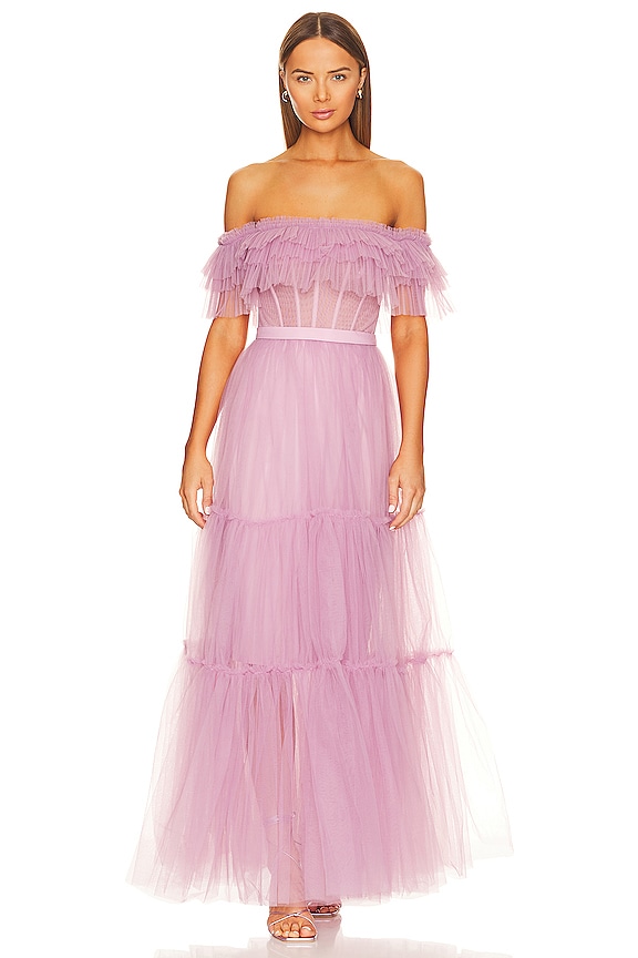 BCBGMAXAZRIA Off Shoulder Tiered Gown