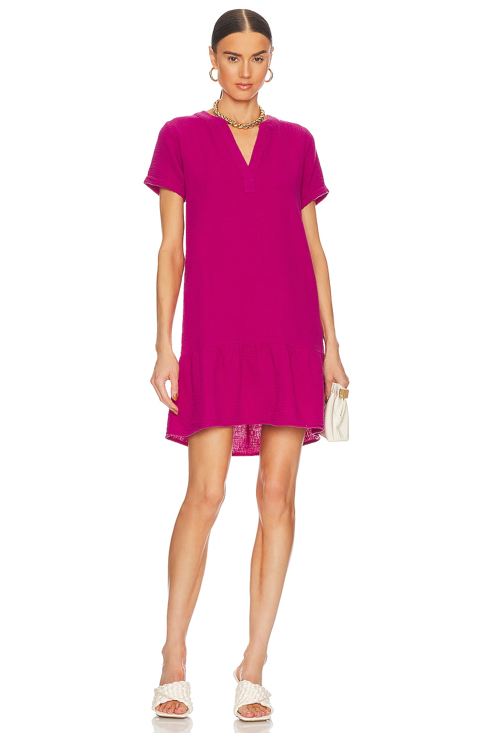 Bobi Split Neck Ruffle Hem Mini Dress