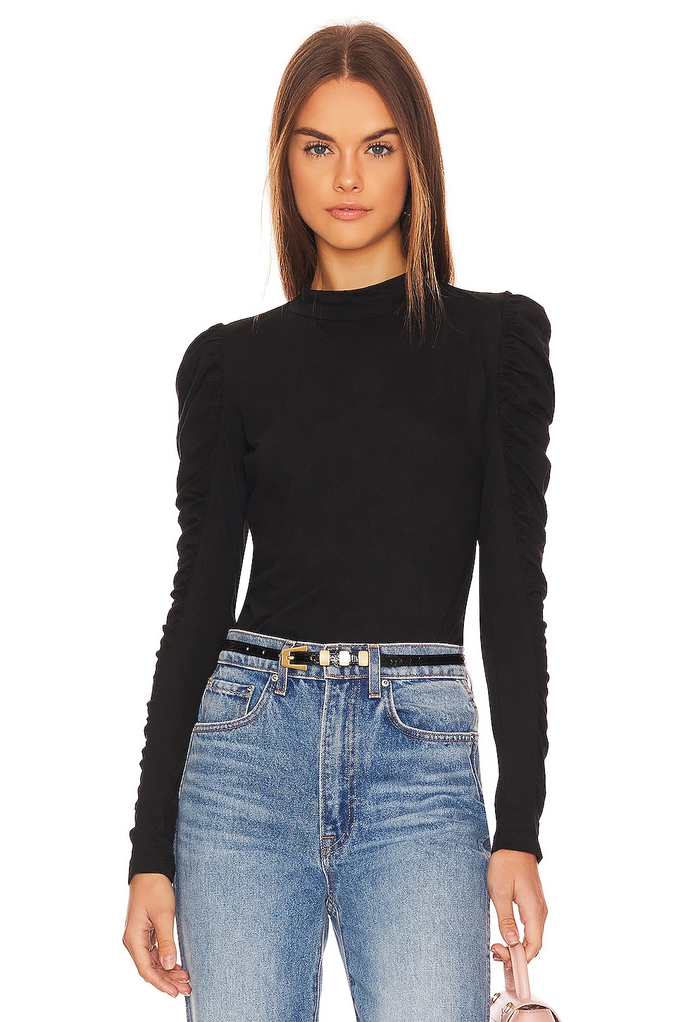 Bobi Shirred Sleeve Turtleneck Top