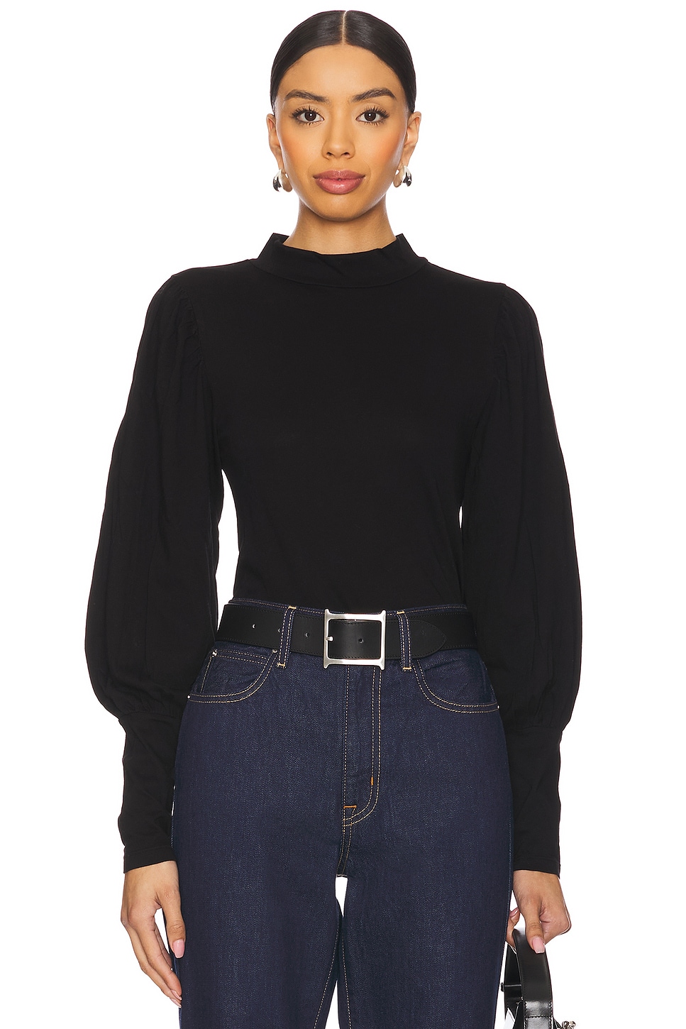 Bobi Long Sleeve Shirred Sleeve Mockneck Top