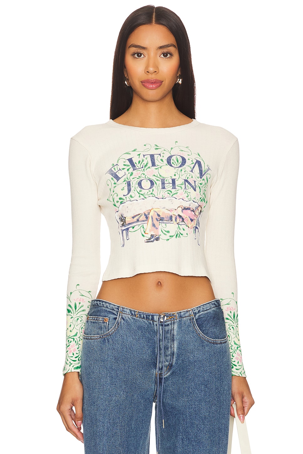 DAYDREAMER Elton John Floral Pointelle Long Sleeve Tee Shirt