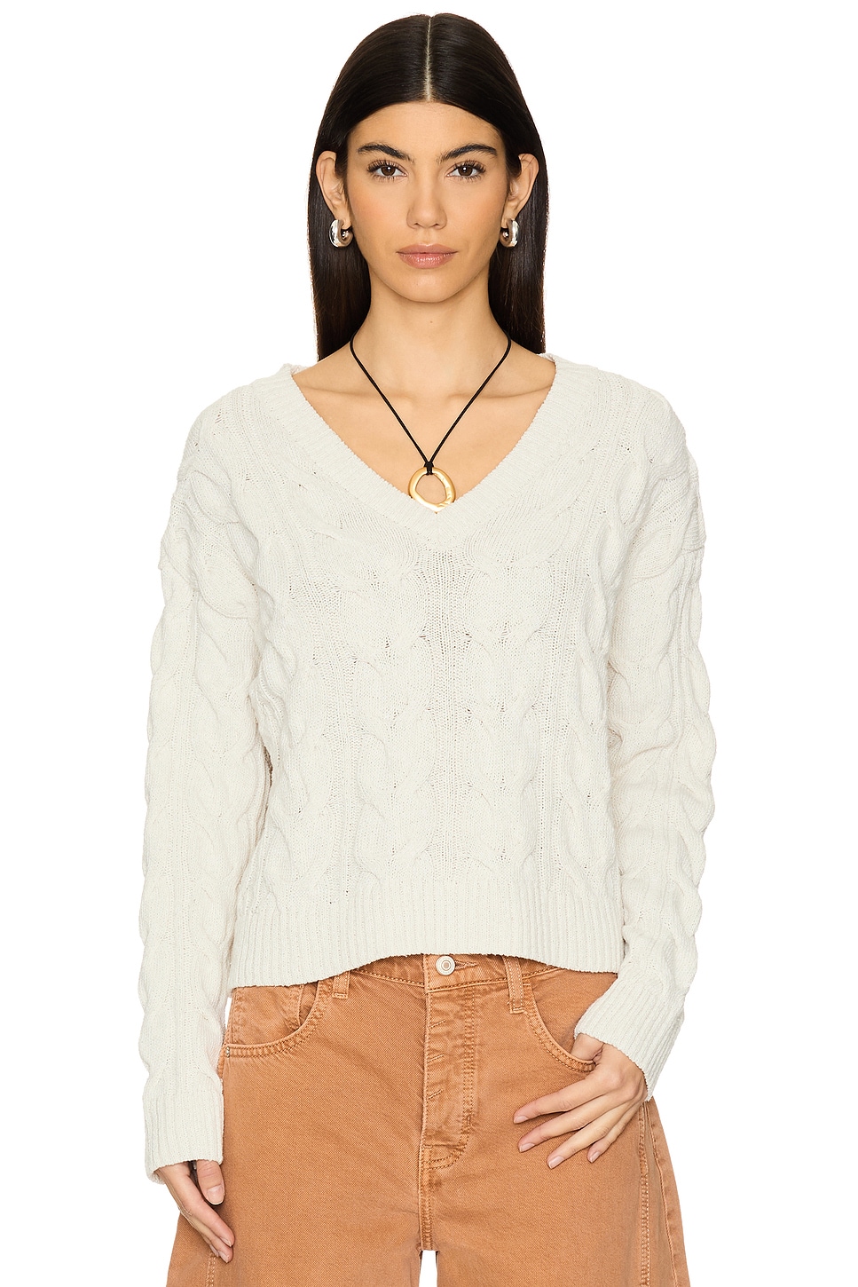 Free People Washed Cable V Neck Sweater