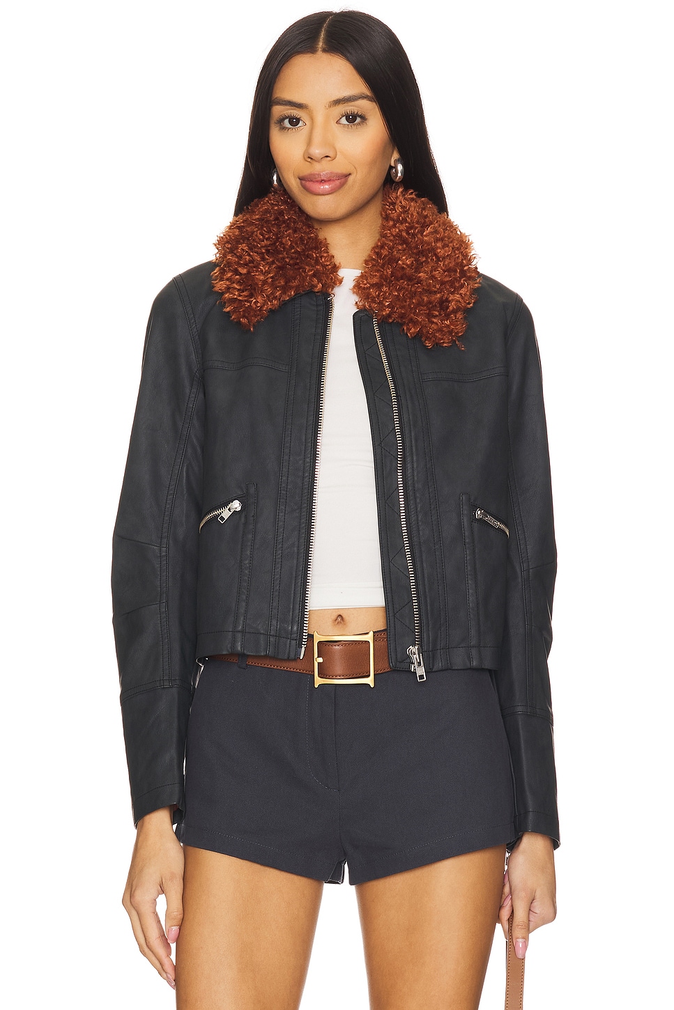 Free People x REVOLVE Jayce Faux Leather Jacket With Faux Fur Trim