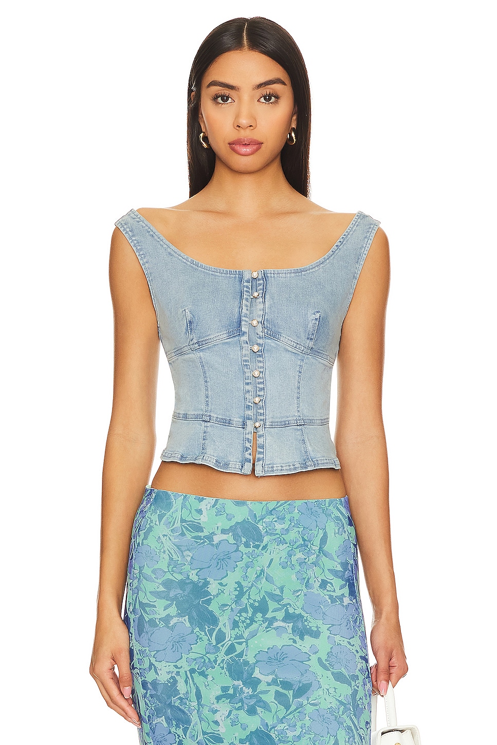 Free People Sally Denim Corset Top In Daylight Sky Combo