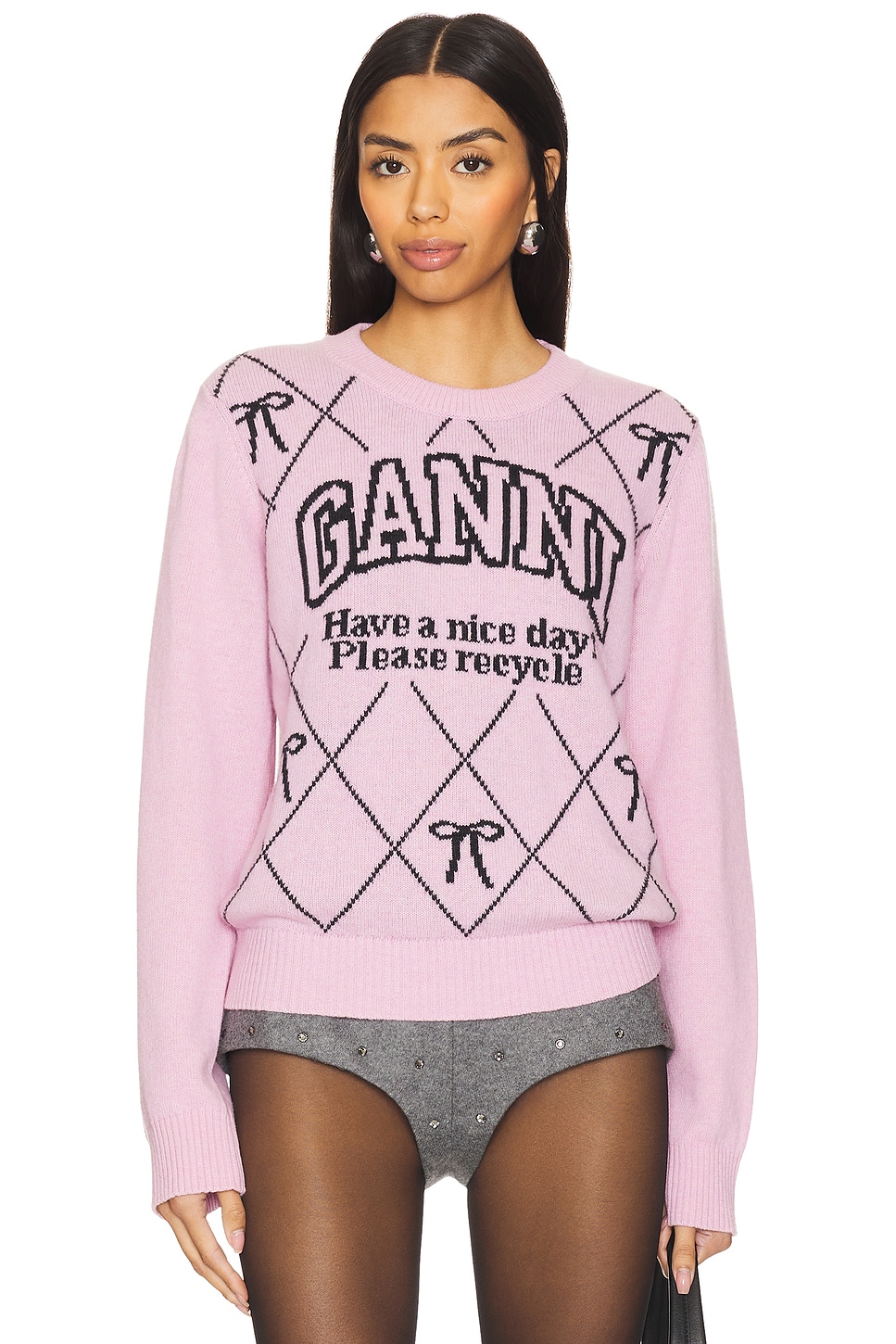 Ganni Graphic Wool Mix Bow Crewneck