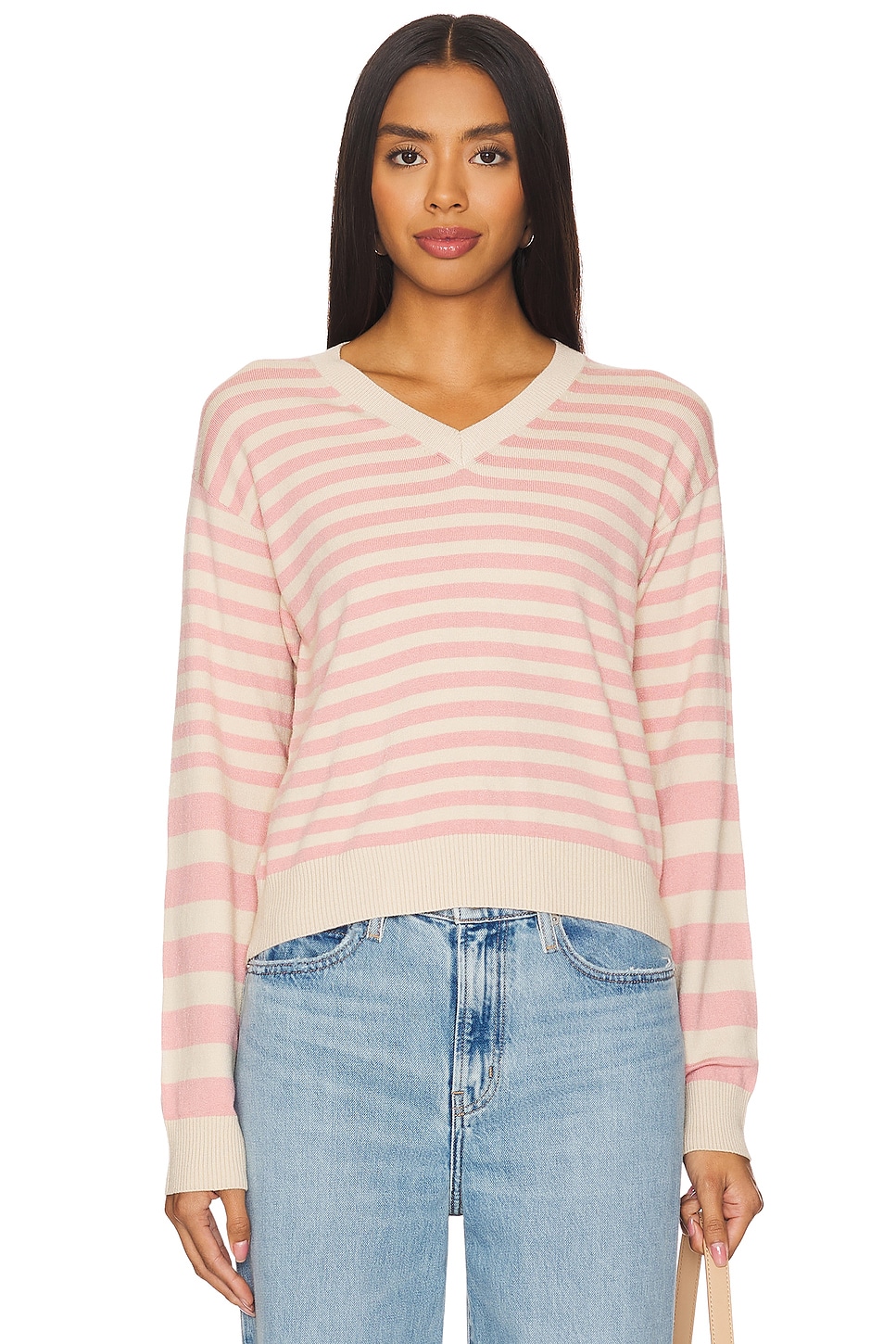 MONROW Light Soft Knit Stripe V Neck Sweater