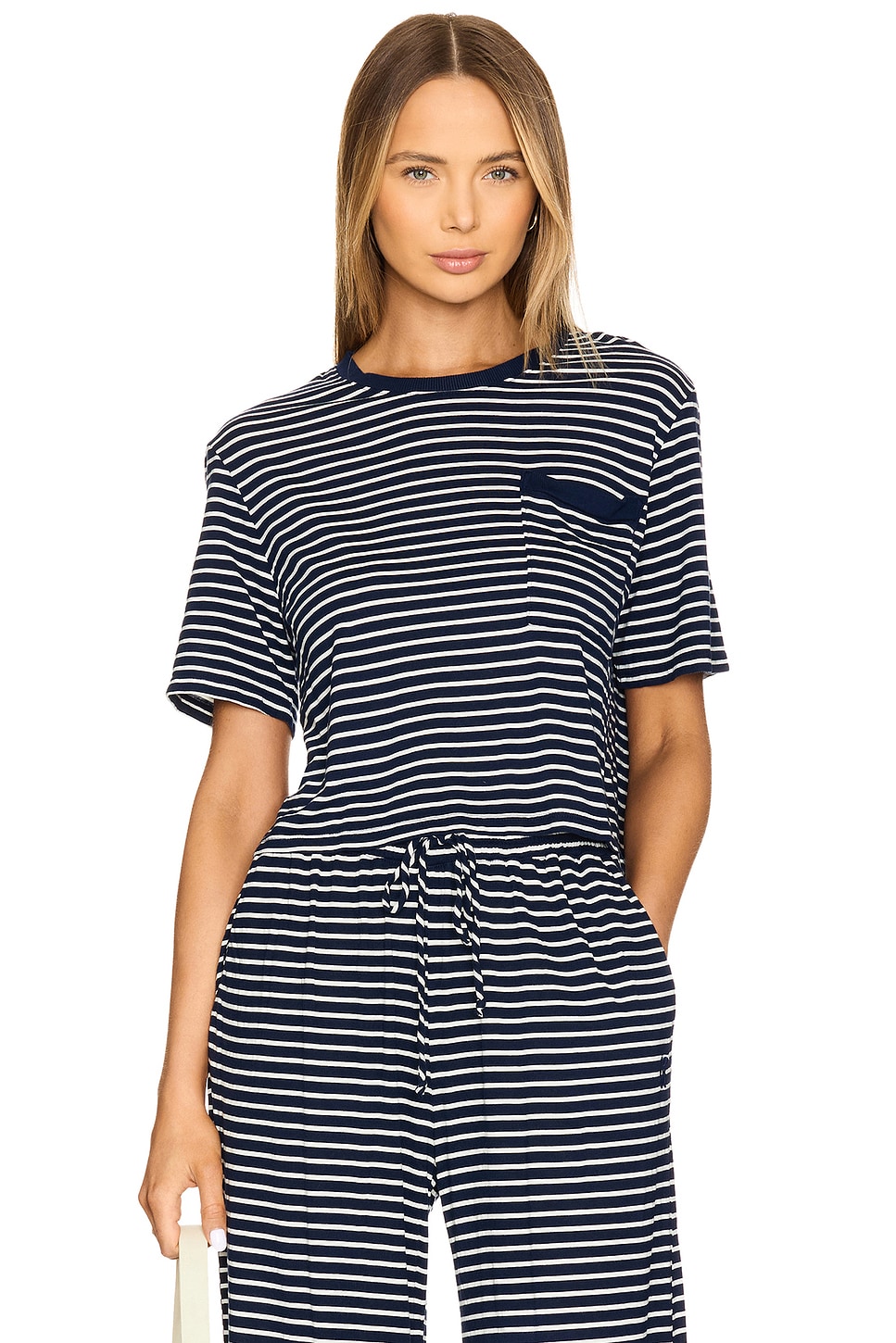 MONROW Stripe Crop Pocket Tee