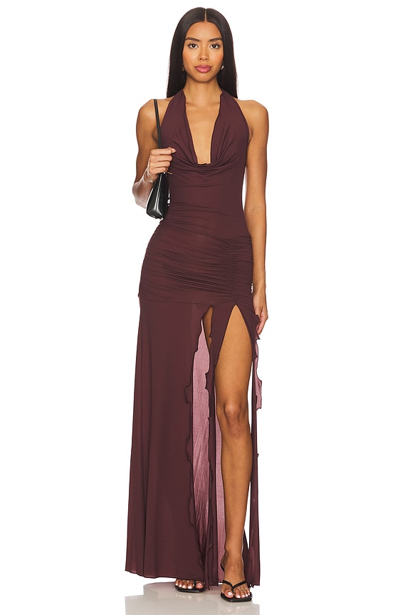 Indah Jlo Mesh Halter Gown