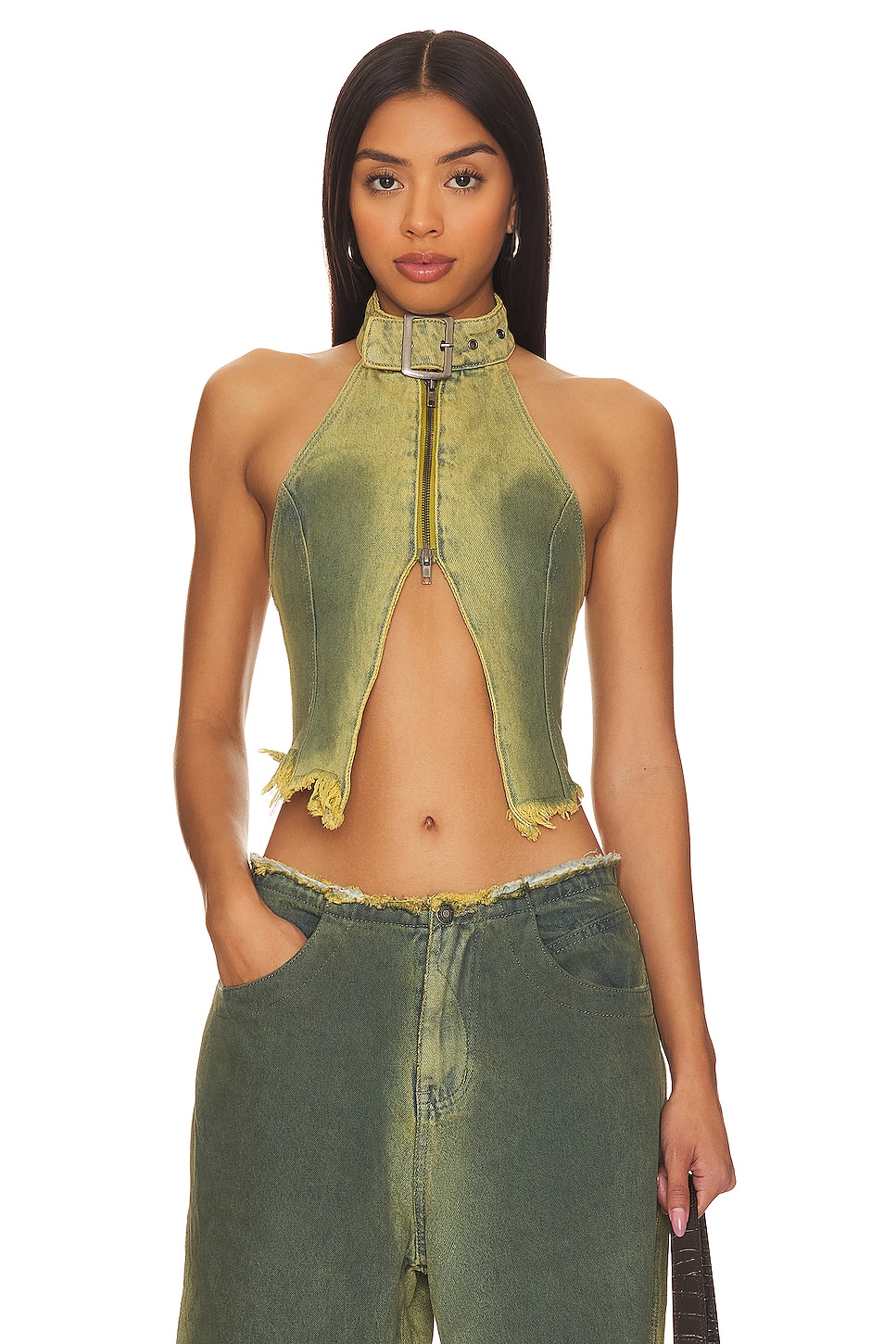 Jaded London Green Denim Buckle Neck Top