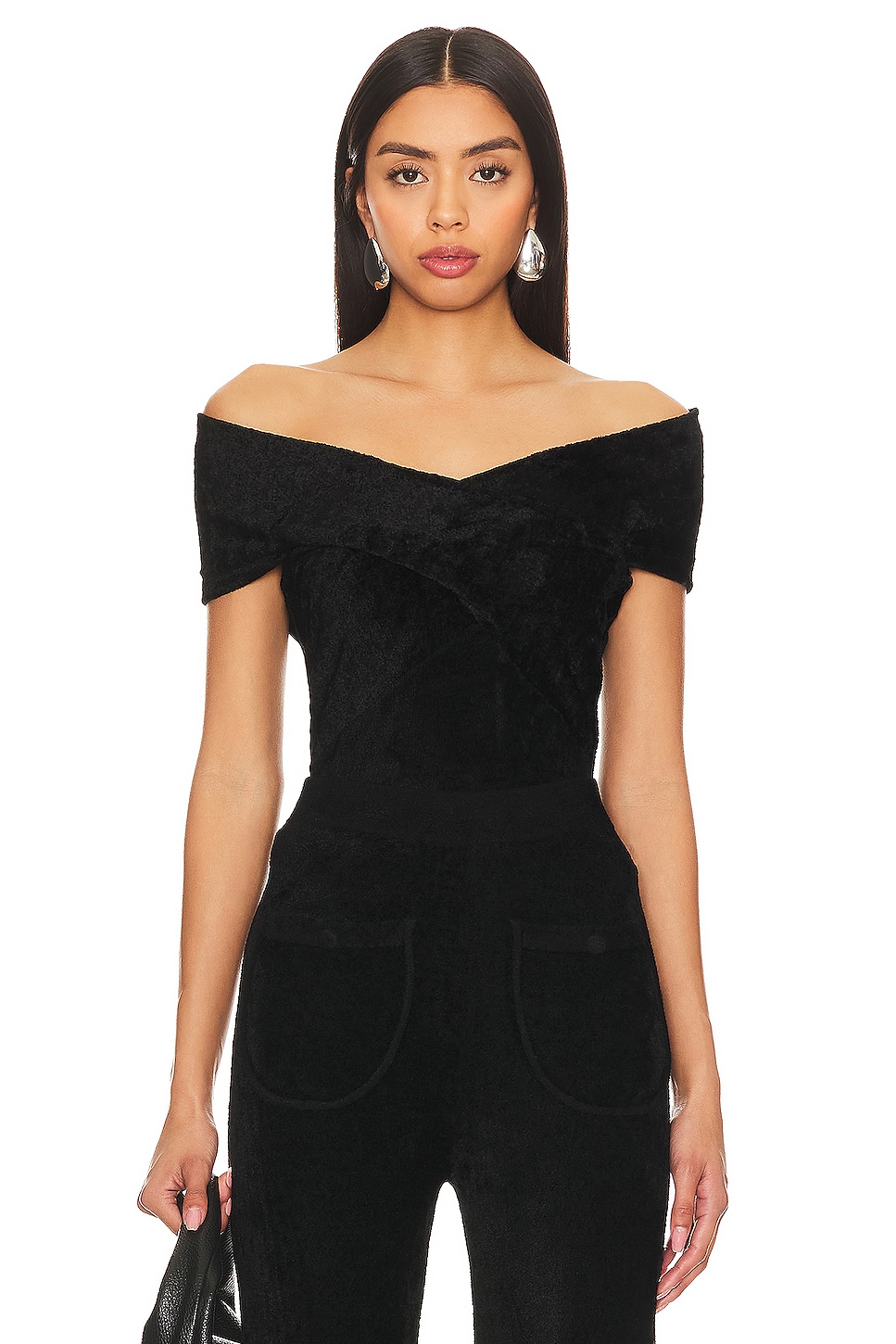 JoosTricot Solid Velvet Off Shoulder Crop