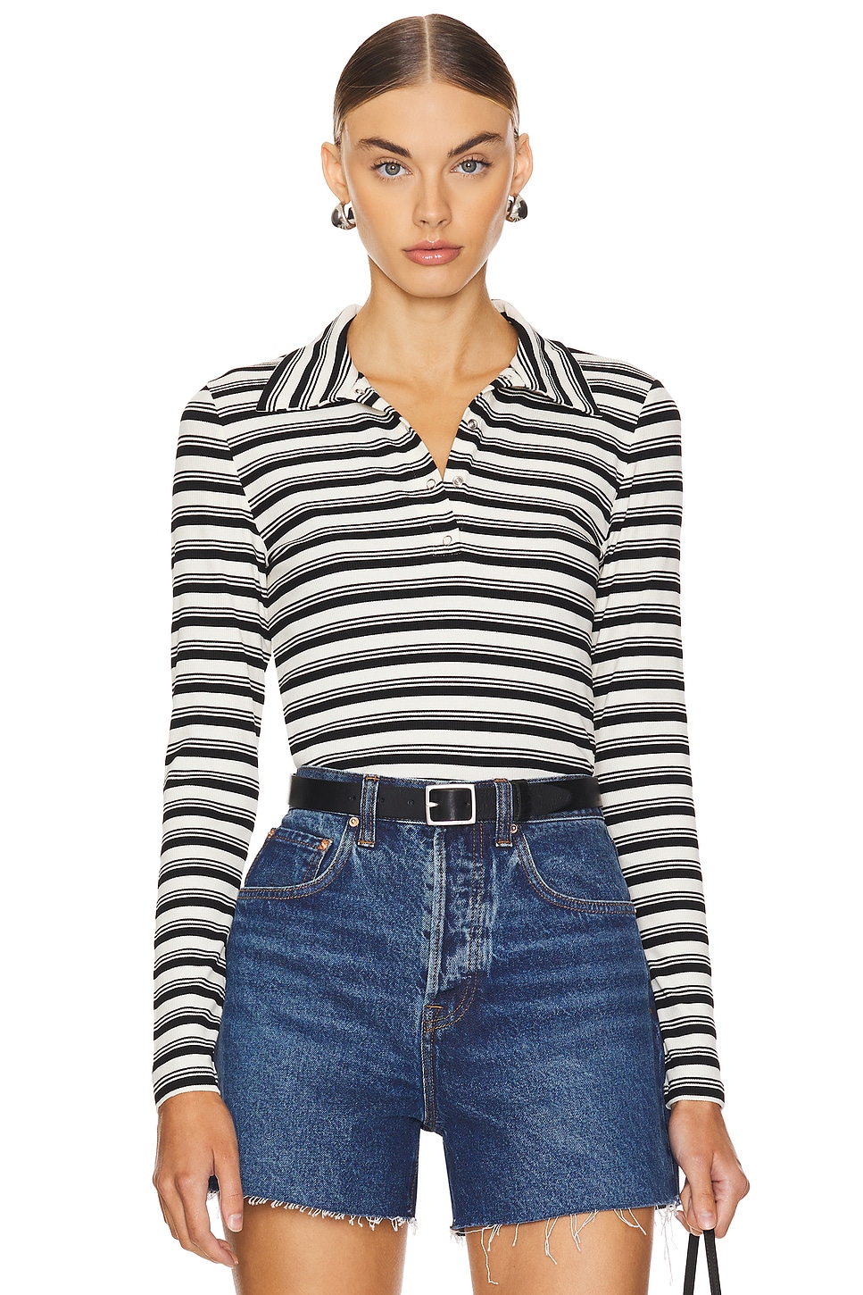 LNA Sylvie Collared Ribbed Long Sleeve Top