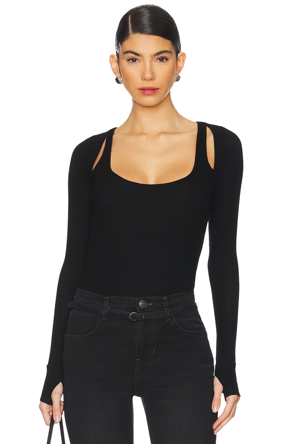 Michael Lauren Stanfield Long Sleeve Fitted Scoop Neck With Cutouts