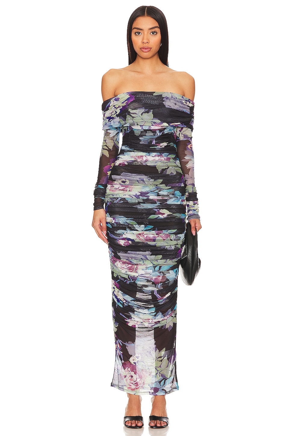 NICHOLAS Oaklyn Off Shoulder Shirred Midi Dress