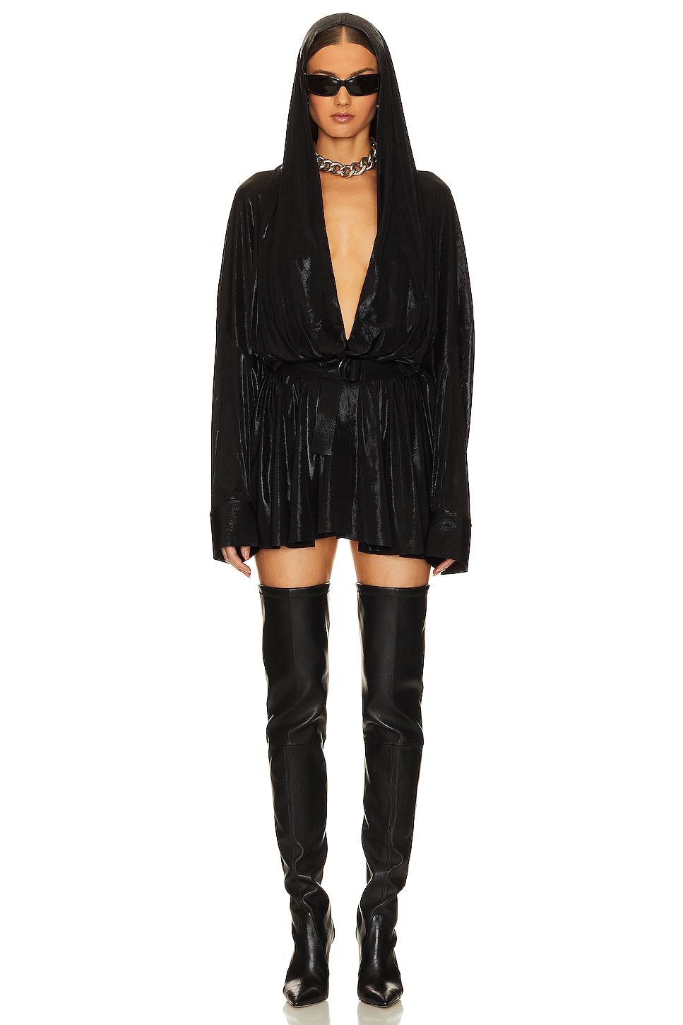 Norma Kamali Hooded Super Oversized Shirt Flared Mini Dress