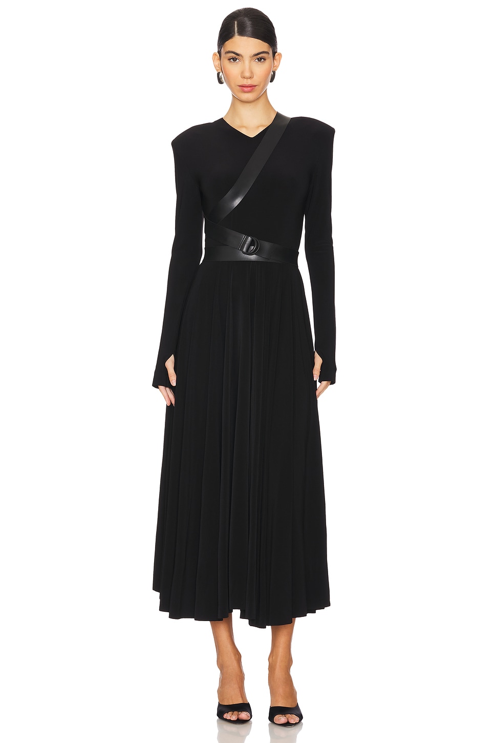 Norma Kamali Long Sleeve Shoulder Pad V Neck Flared Dress