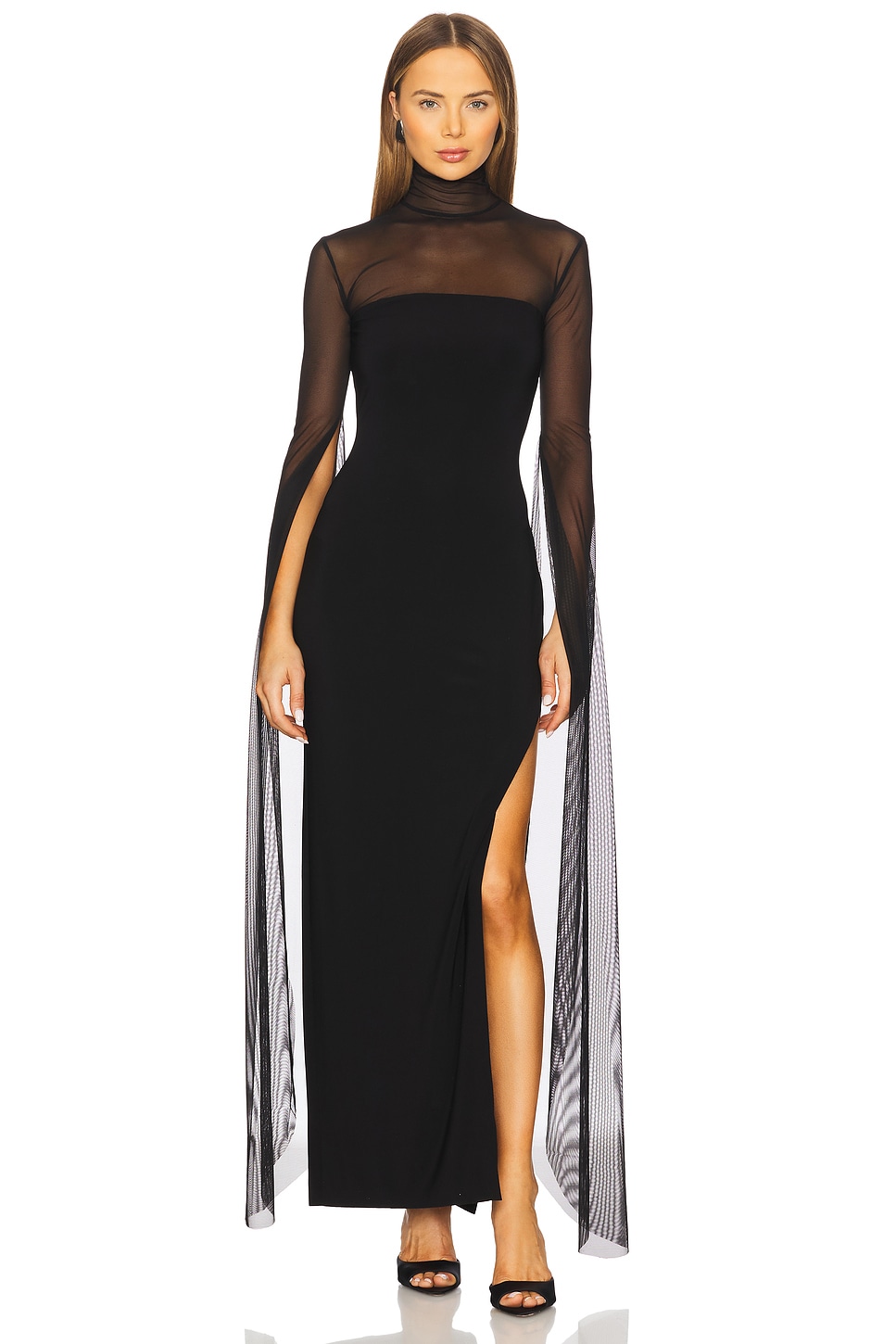 Norma Kamali Ribbon Sleeve Turtleneck Side Slit Gown