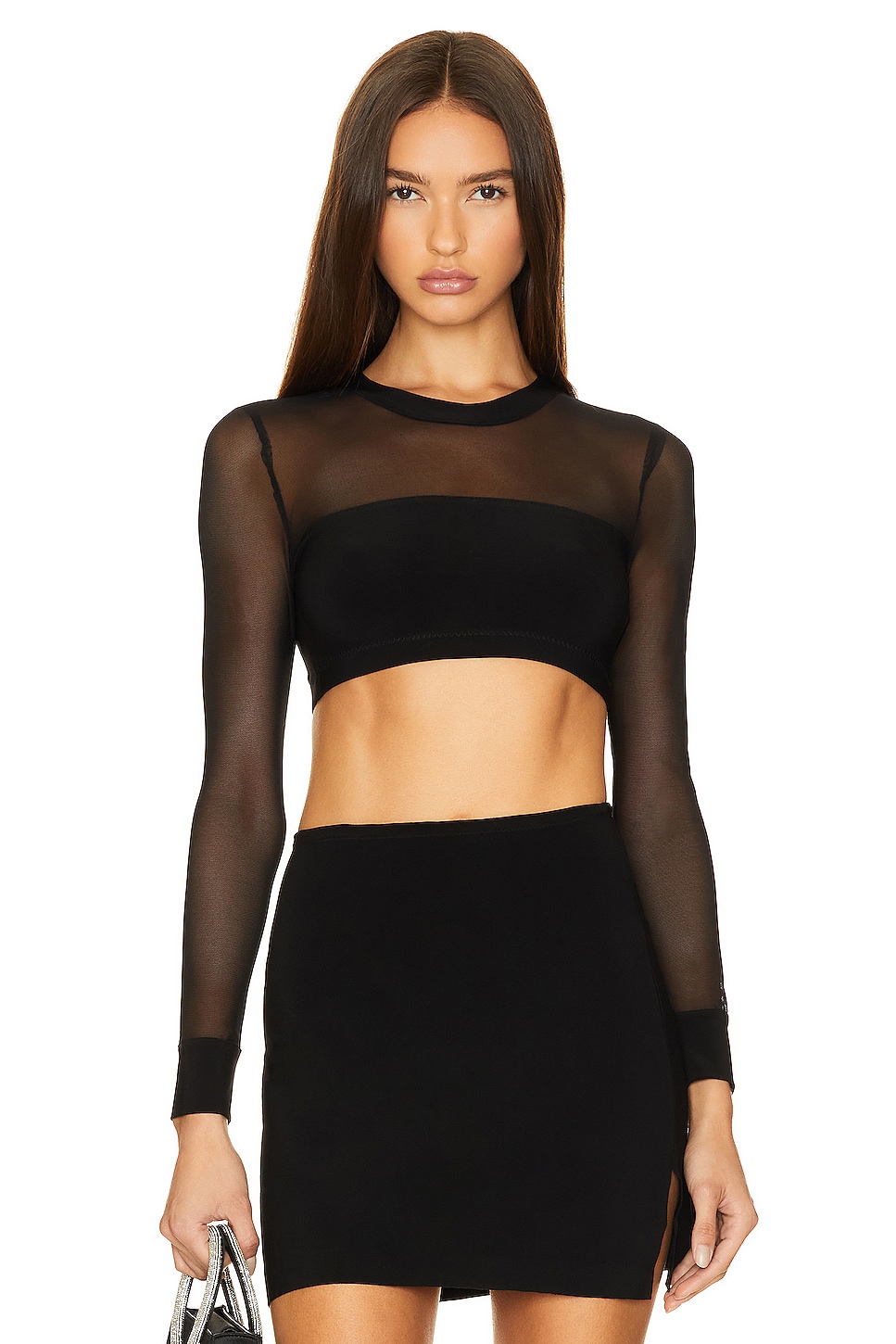 Norma Kamali X Revolve Crewneck Banded Midriff Top in Black Mesh