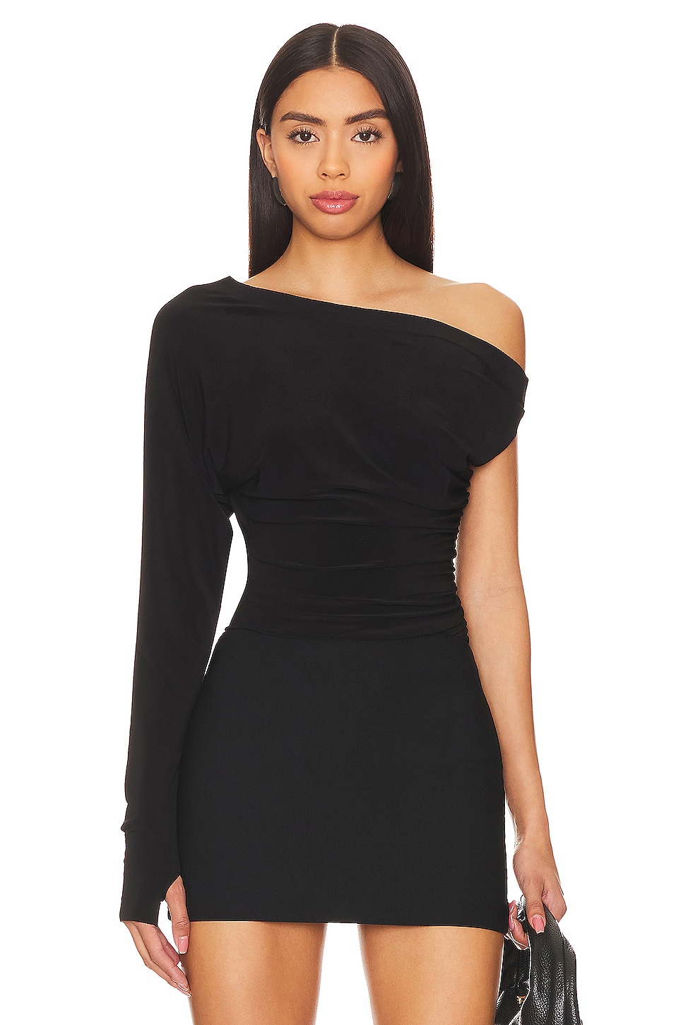 Norma Kamali One Sleeve Drop Shoulder Side Drape Top