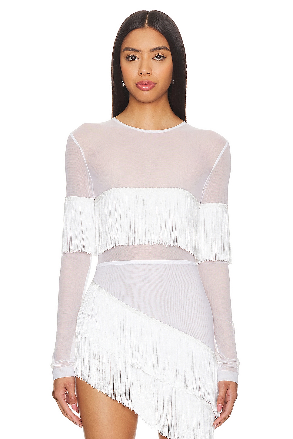 Norma Kamali Long Sleeve Crewneck Fringe Top