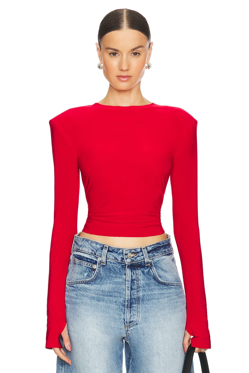 Norma Kamali Shoulder Pad Long Sleeve Crew Top