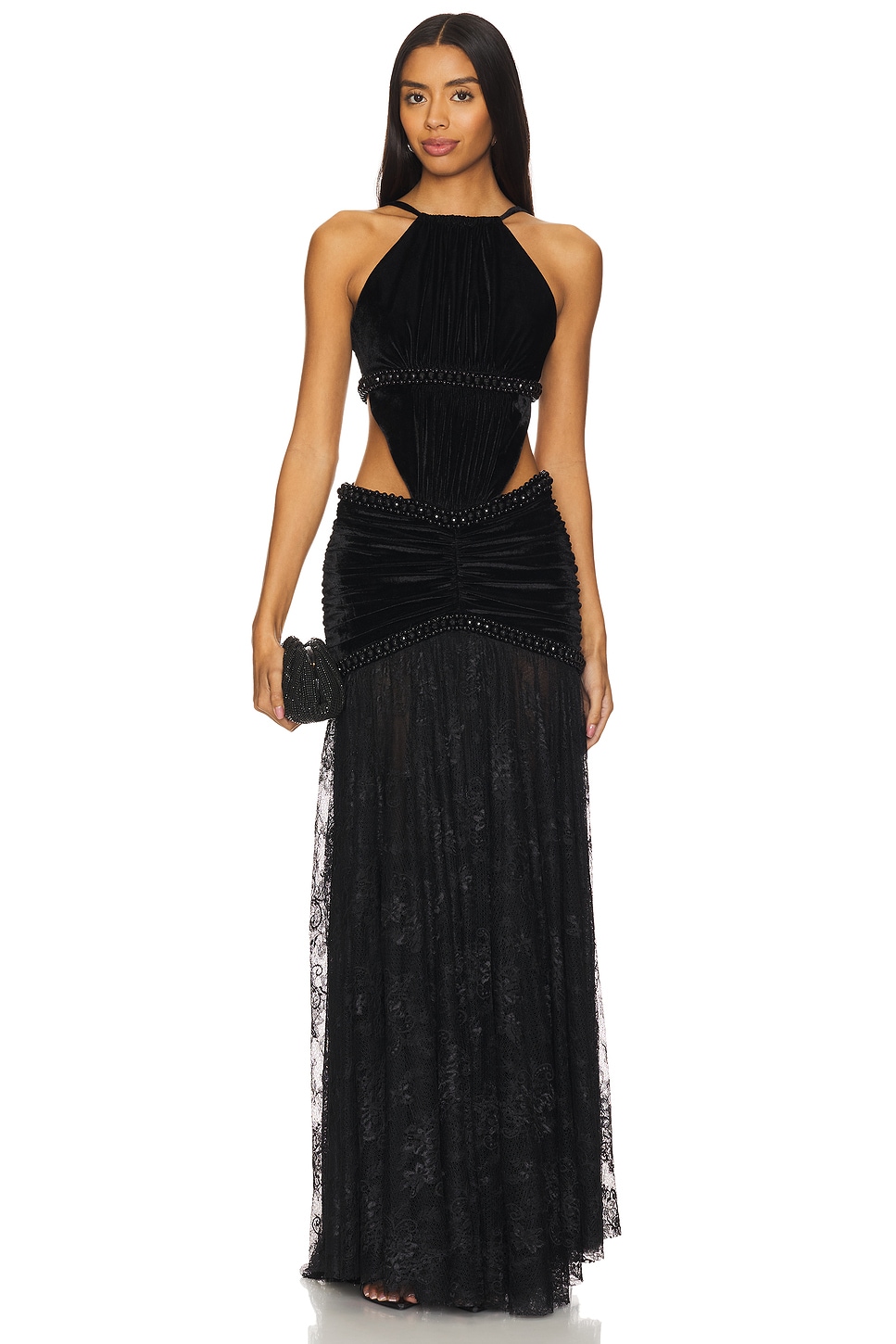 PatBO High Neck Velvet And Lace Gown