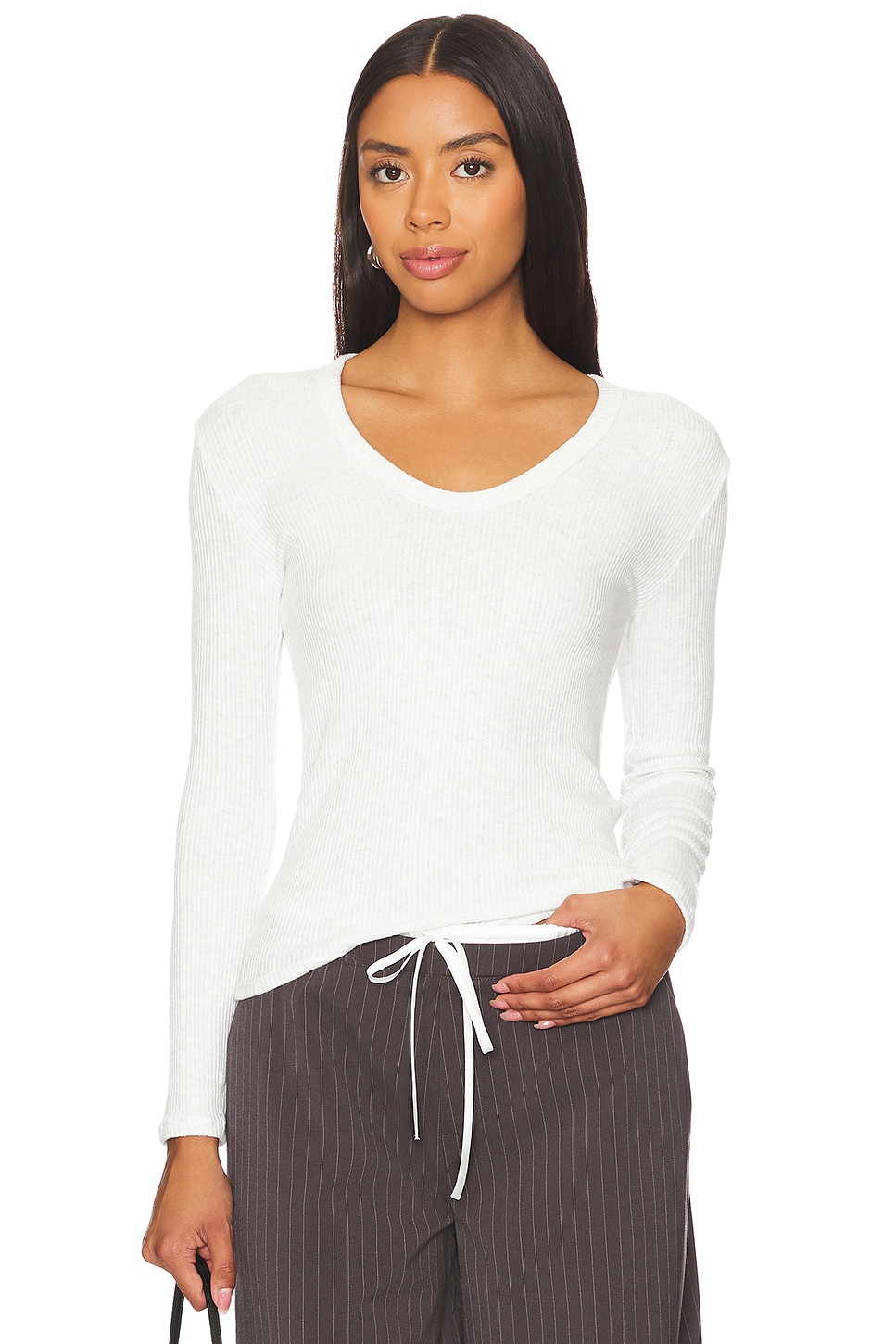 perfectwhitetee Sweater Rib Long Sleeve U Neck Top