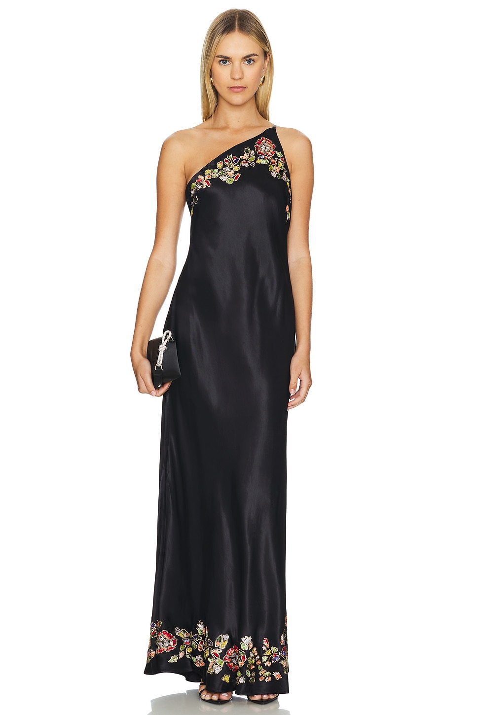 RIXO Doutzen Dress in Waterblossom Embellishment Black