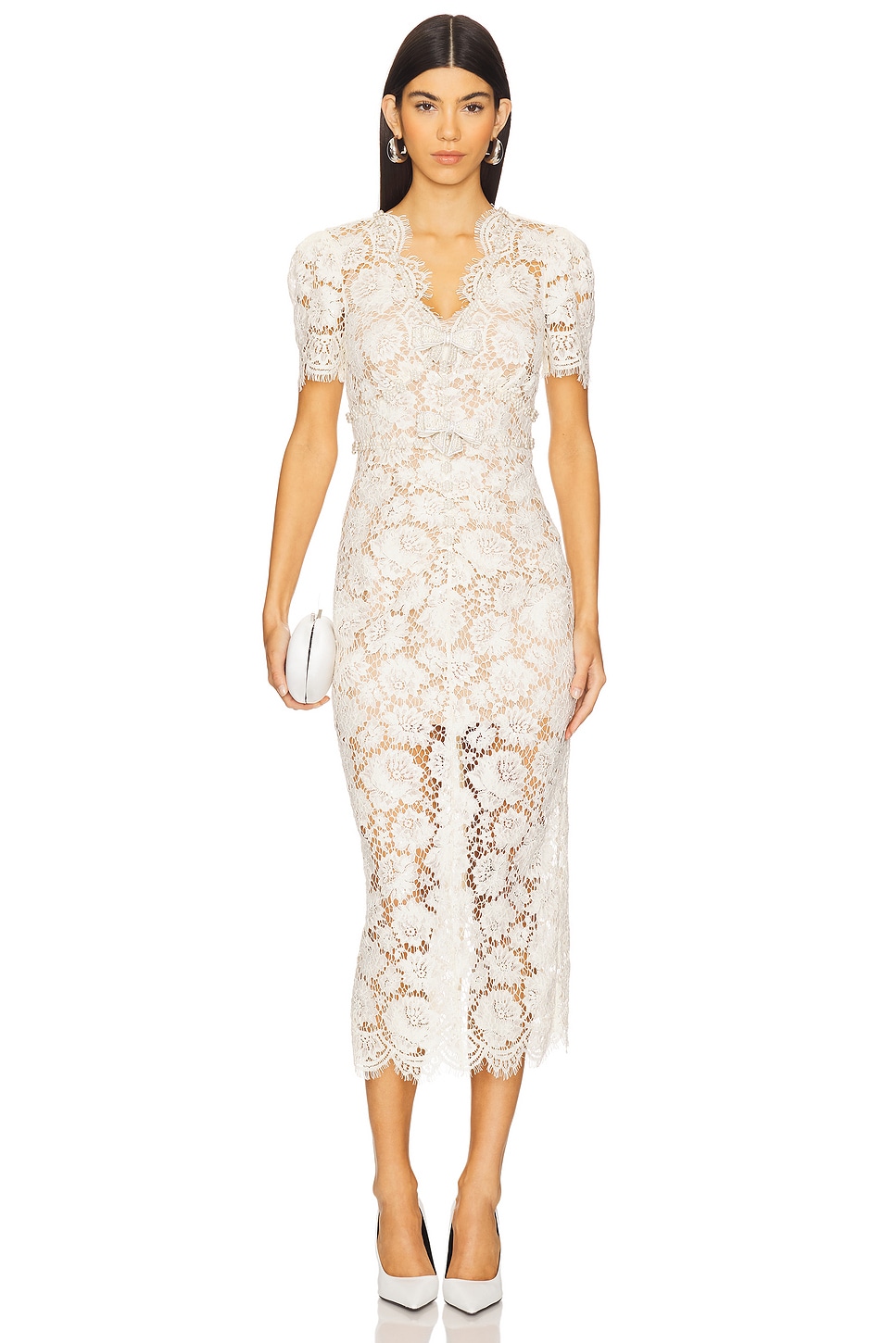 self-portrait Cream Fine Lace Pearl Midi Dress