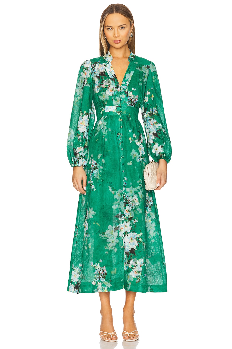 Zimmermann Everley Plunge Midi Dress in Green Watercolor Floral