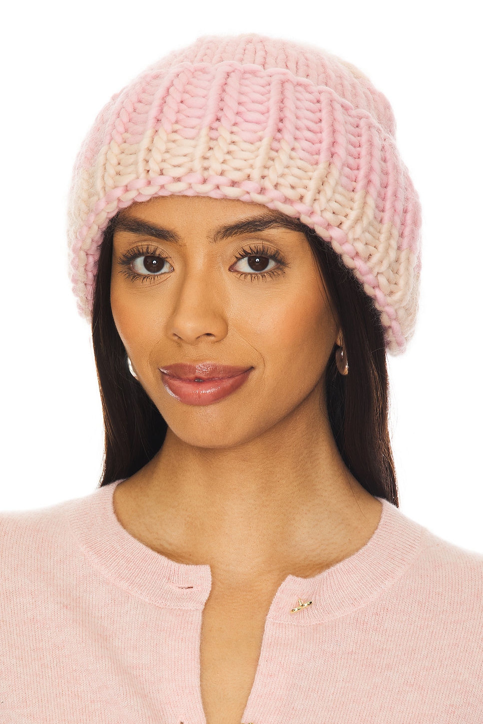 Hope Macaulay Pink & Cream Chunky Knit Beanie